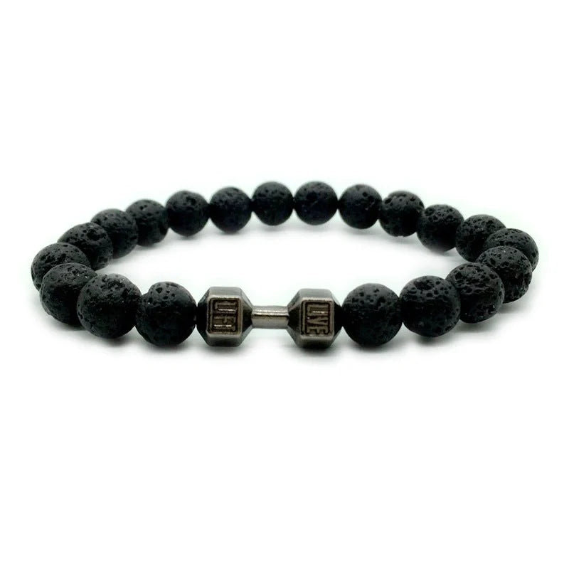 Men's fitness fashion dumbbell bracelet with black and white lava rock and alloy beads