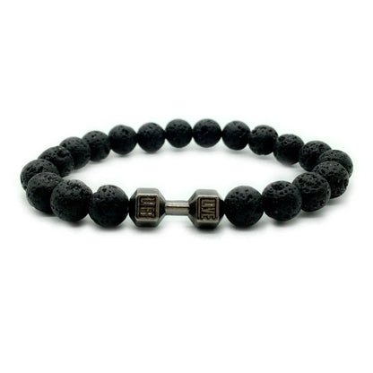 Men's fitness fashion dumbbell bracelet with black and white lava rock and alloy beads