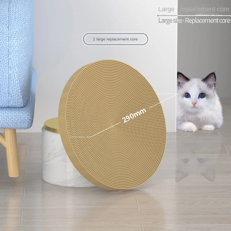 Round cat scratching board with toy ball, protects furniture from scratches