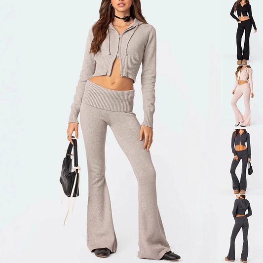 Women's knitted hooded suit with zipper cropped top and flared pants in solid colours