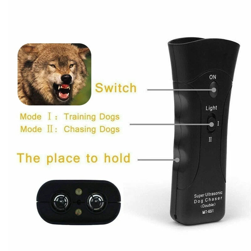 3-in-1 Anti Barking Dog Training Device with ultrasonic repeller and LED flashlight