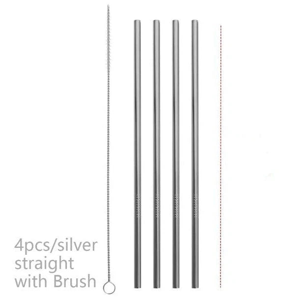 Vibrant reusable stainless steel straws set with cleaning brush, eco-friendly alternative to plastic