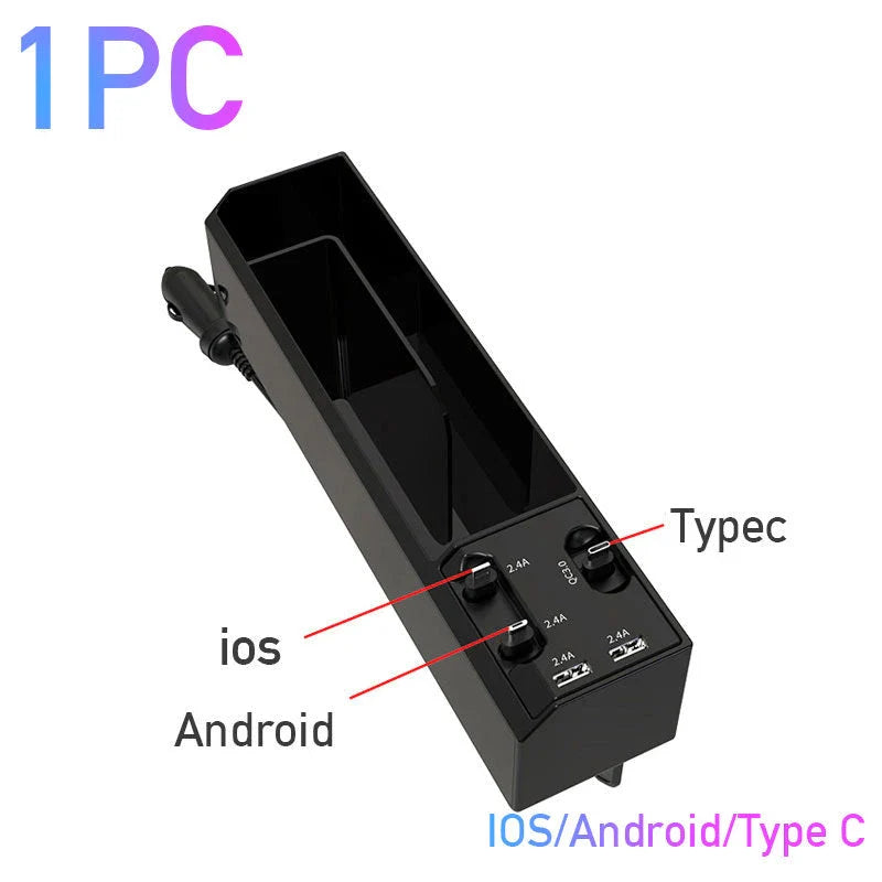 Premium car seat gap organiser with discreet charging cable, providing secure storage and power for your on-the-go essentials