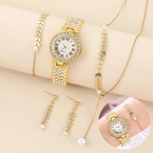 Diamond women's luxury quartz bracelet watch with rhinestone accents and complete jewellery set