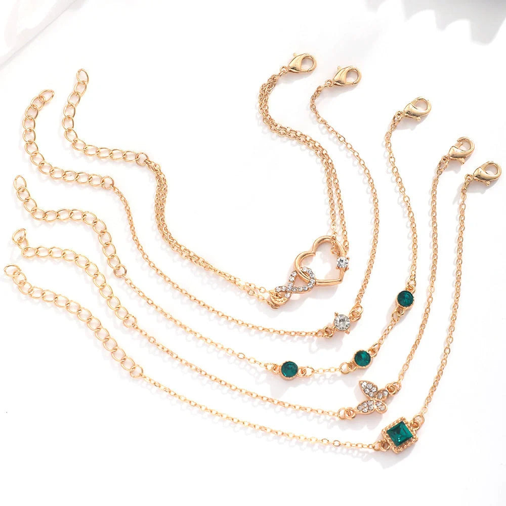 Bohemian green crystal heart bracelet set for women
