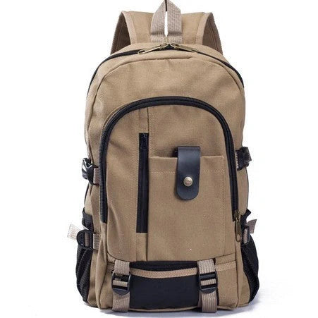 Men's canvas backpack with zippered opening, available in multiple colours including coffee, light khaki, and black.