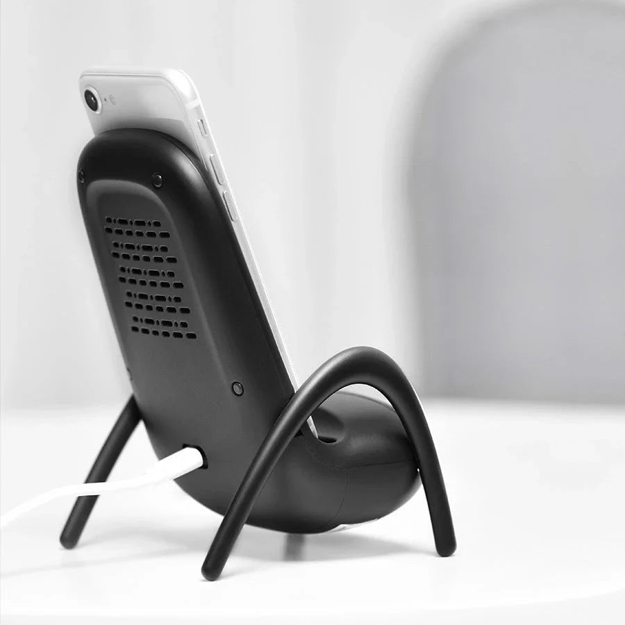 Stylish wireless charging stand with premium materials and fast Qi charging capabilities for Apple and Android smartphones