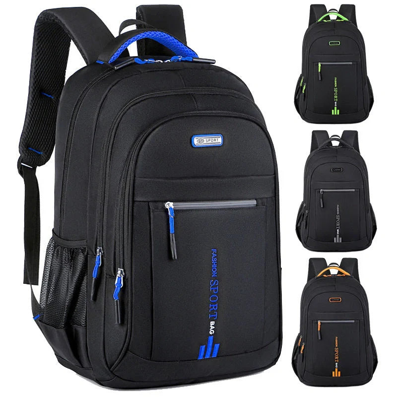 Men's large capacity anti-theft computer backpack in green, blue, black, and orange