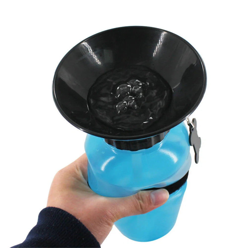Portable pet water bottle with squeeze-feed bowl for dogs and cats