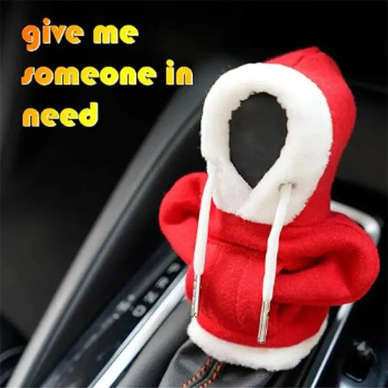 Christmas Hoodie Car Gearshift Cover in red and green, handmade from hoodie fabric