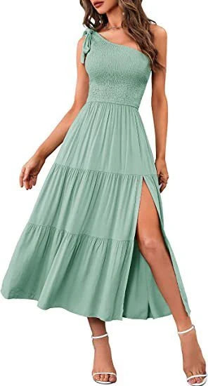 Stylish one-shoulder dress with pleated details, asymmetrical hemline, and leg-baring side slit in various colors
