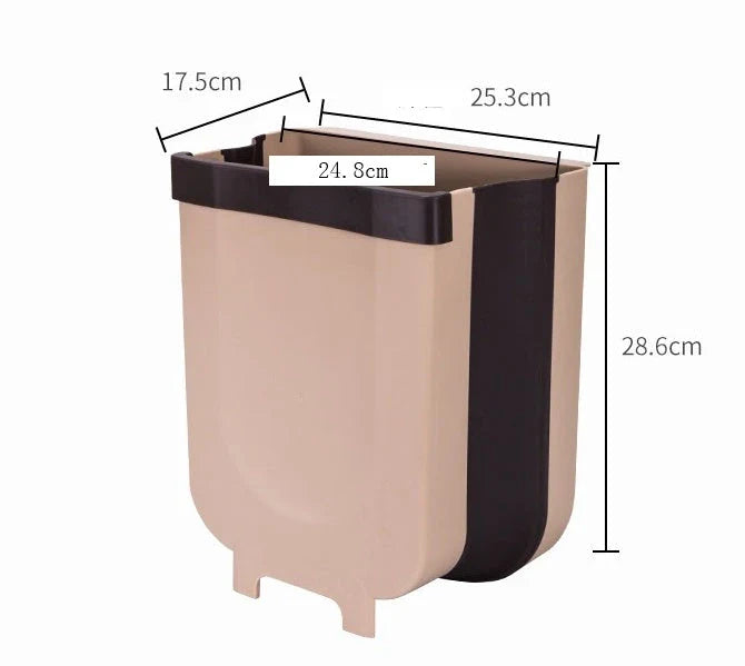 Foldable wall-mounted bin in brown and white colours, with a spacious 9-litre capacity and a sleek, space-saving design