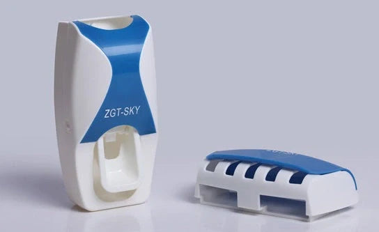 Dust-proof automatic toothpaste squeezer and toothbrush holder set in black, blue, or red