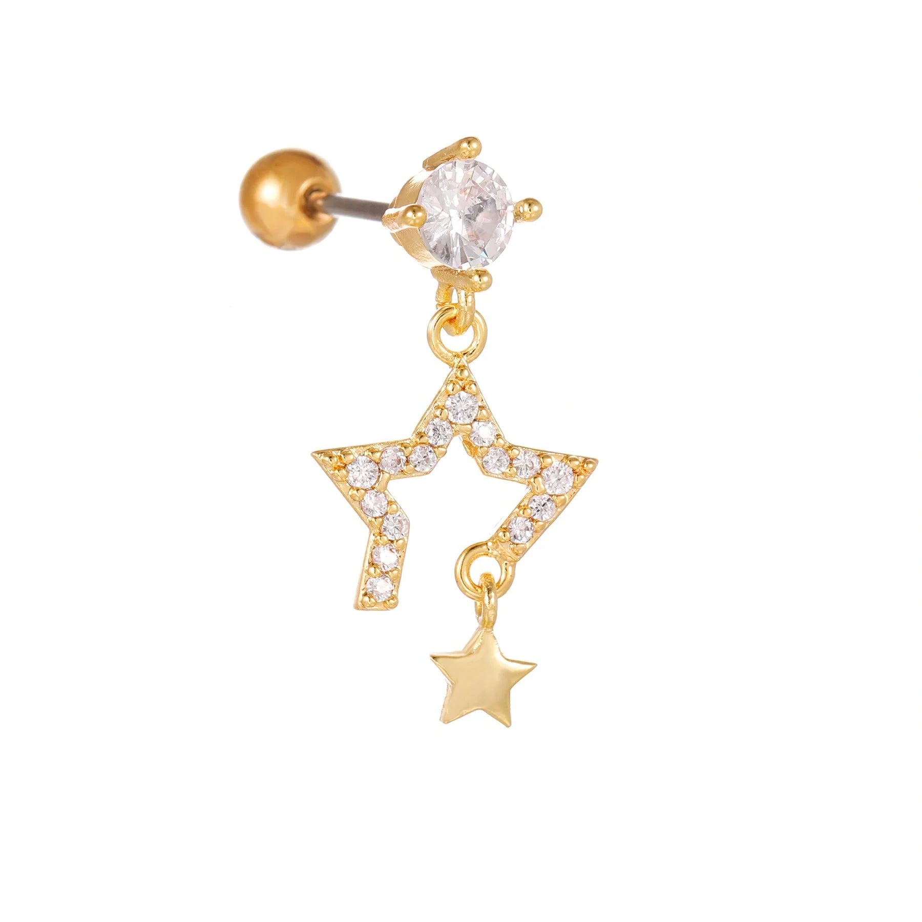 Star and Moon Cubic Zirconia Stainless Steel Cartilage Earring in gold and white K