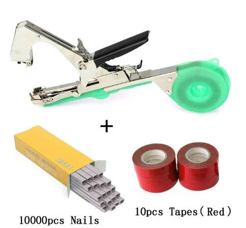 Compact garden hand tool for tying plant stems with plastic tape, measuring 300x200x100mm