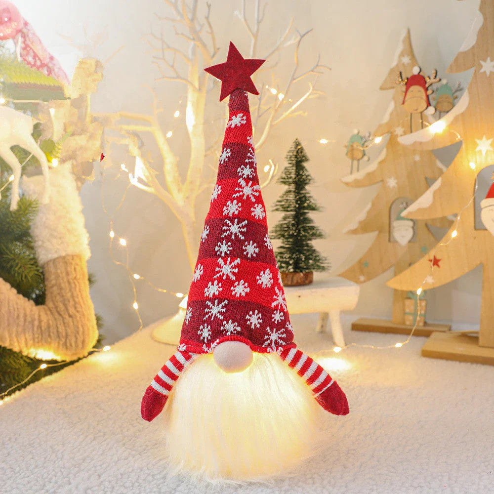 Festive faceless gnome figures in various colours, including green, red, and grey, adding a whimsical touch to Christmas home decor