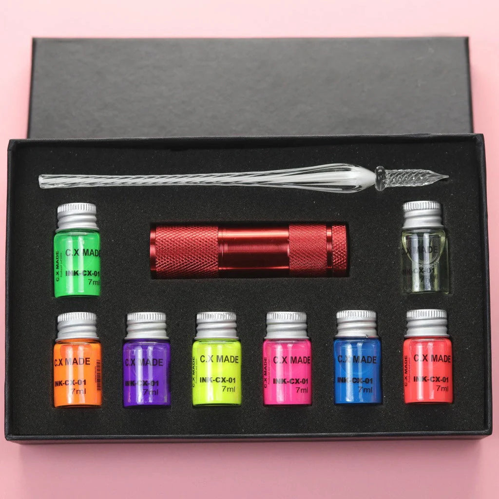 Fluorescent fountain pen dip ink set with eight glow-in-the-dark colours