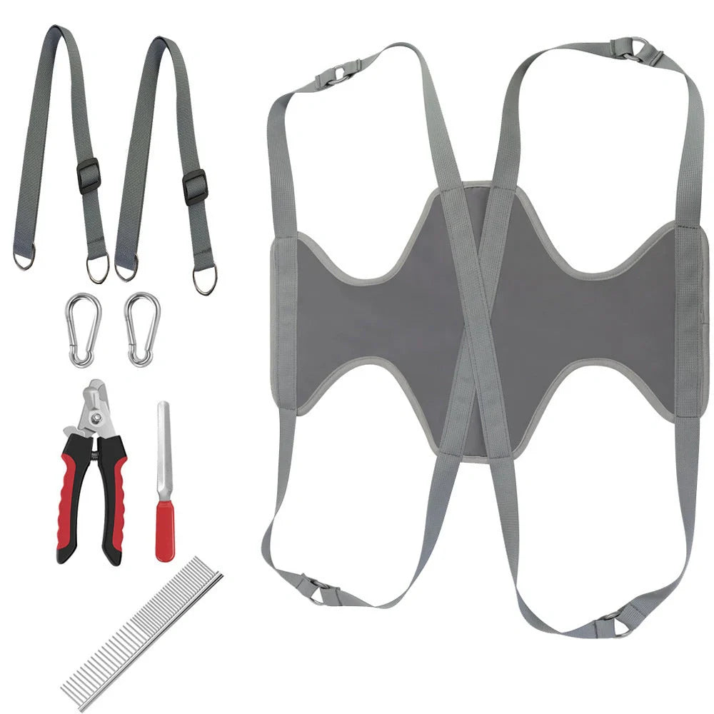 Pet grooming hammock for cats and dogs with nail clippers set, available in blue, blue + rose red, and grey