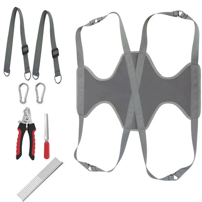 Pet grooming hammock for cats and dogs with nail clippers set, available in blue, blue + rose red, and grey