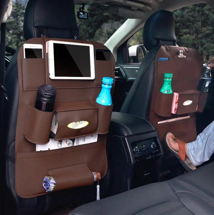 Premium leather car seat organisers with ample storage space for drinks, phones, pens, and other essentials, designed for UK drivers