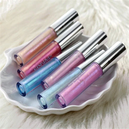 Polarized lip gloss in six vibrant shades, showcasing high-shine finish and vitamin E enrichment