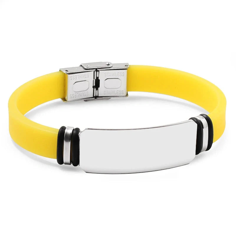 Custom engraved silicone bracelet with stainless steel accents in various colours