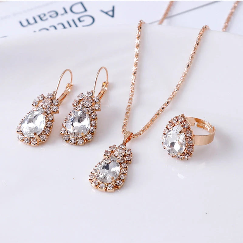 Elegant Water Drop Rhinestone Jewellery Set featuring necklace, earrings, and ring