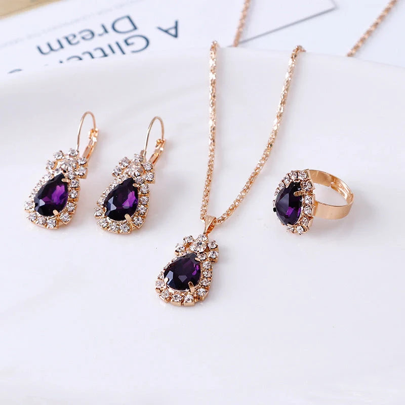Elegant Water Drop Rhinestone Jewellery Set featuring necklace, earrings, and ring