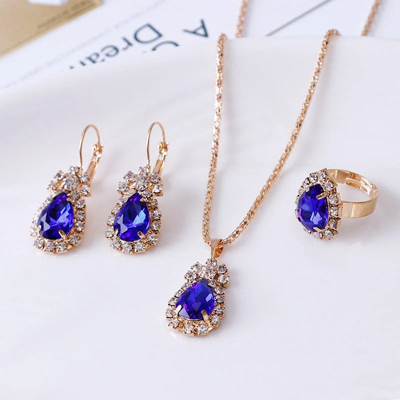 Elegant Water Drop Rhinestone Jewellery Set featuring necklace, earrings, and ring