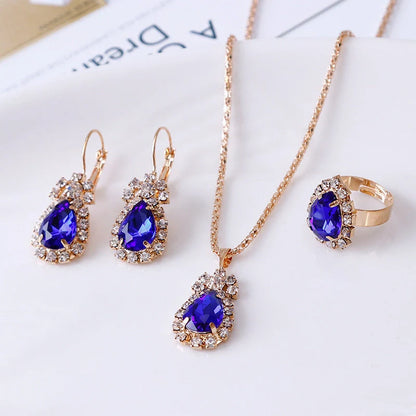 Elegant Water Drop Rhinestone Jewellery Set featuring necklace, earrings, and ring