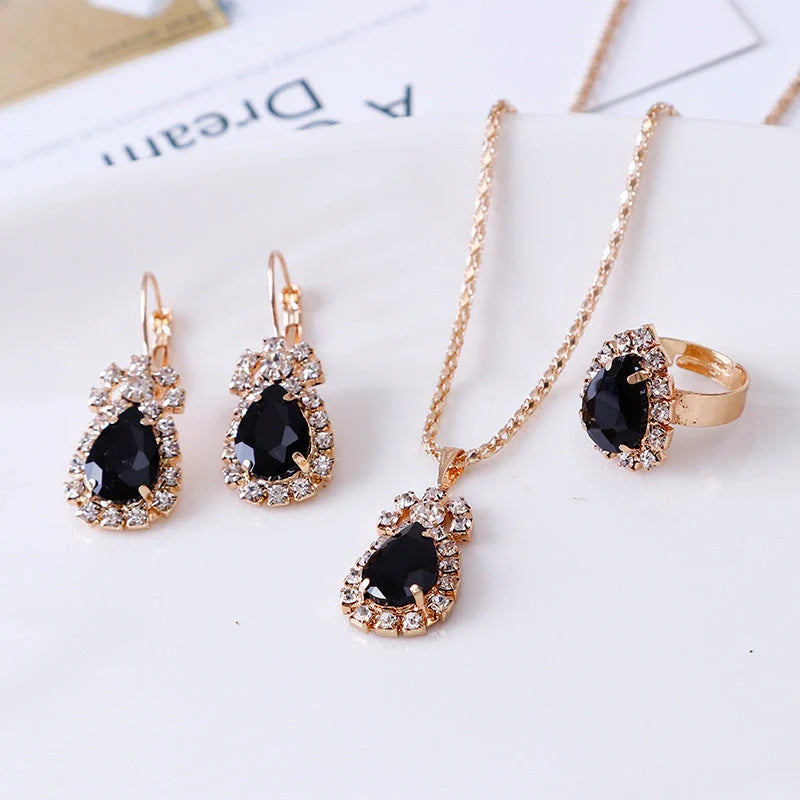 Elegant Water Drop Rhinestone Jewellery Set featuring necklace, earrings, and ring