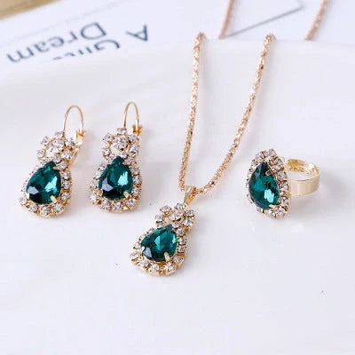 Elegant Water Drop Rhinestone Jewellery Set featuring necklace, earrings, and ring
