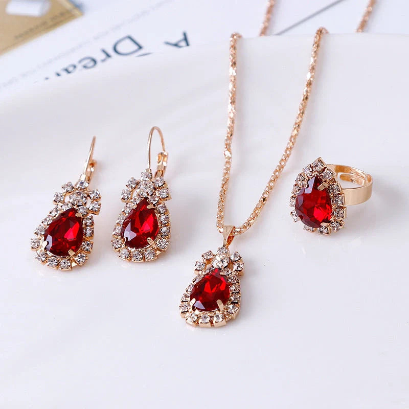 Elegant Water Drop Rhinestone Jewellery Set featuring necklace, earrings, and ring