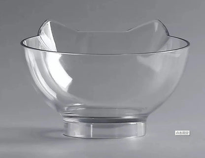 Inclined transparent cat food bowl with a gently sloped base and ergonomic design for whisker-friendly dining