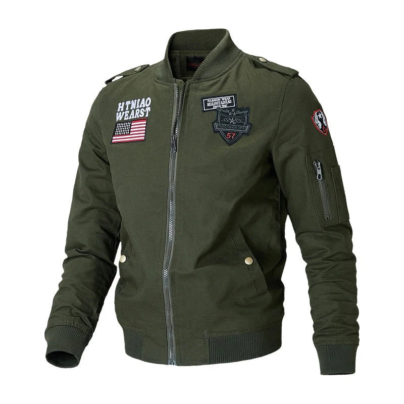 Men's khaki flight jacket with options for cotton lining in various sizes