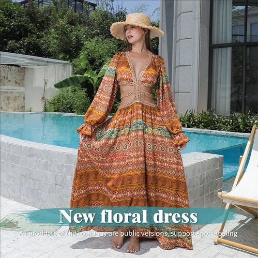Elegant Women's Floral Long Sleeve Dress in vibrant orange, perfect for spring and summer occasions.