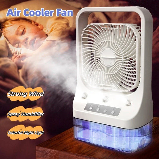 USB rechargeable cooling fan with water tank, adjustable airflow, and colorful night lights for enhanced indoor climate control