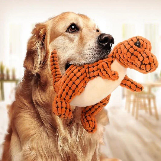 Dinosaur-themed plush chew toys for large dogs, featuring durable corn velvet exterior and soft, squeaky filling materials