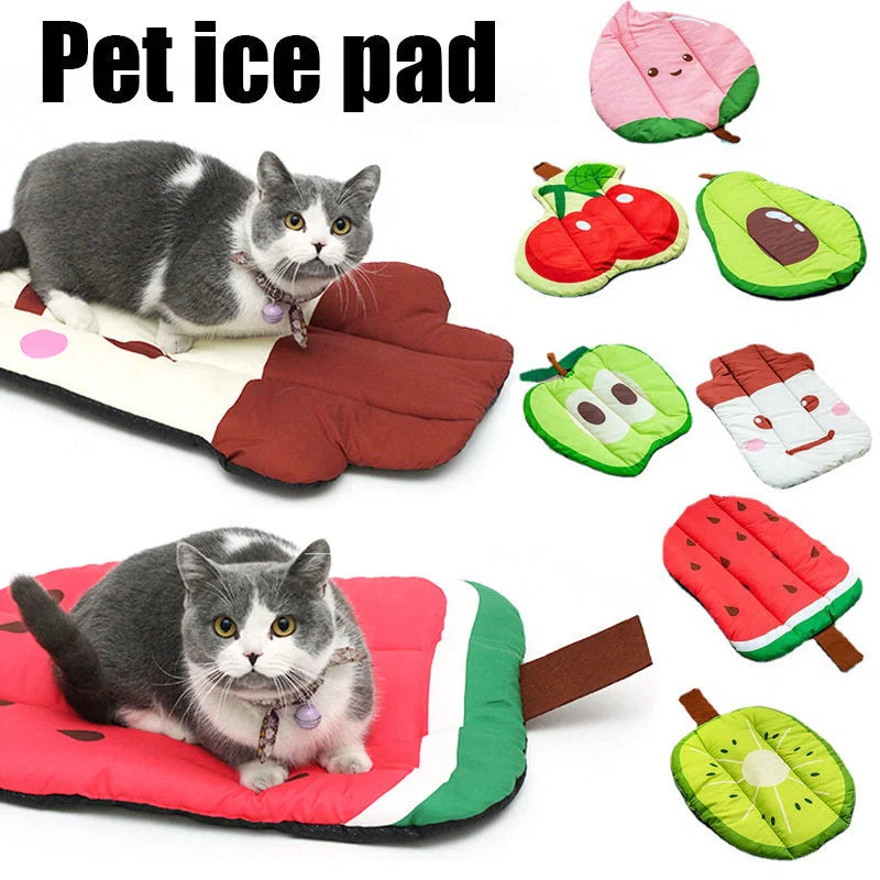 Ice Silk Pet Cooling Mat in various fruit designs for summer comfort