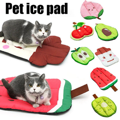 Ice Silk Pet Cooling Mat in various fruit designs for summer comfort