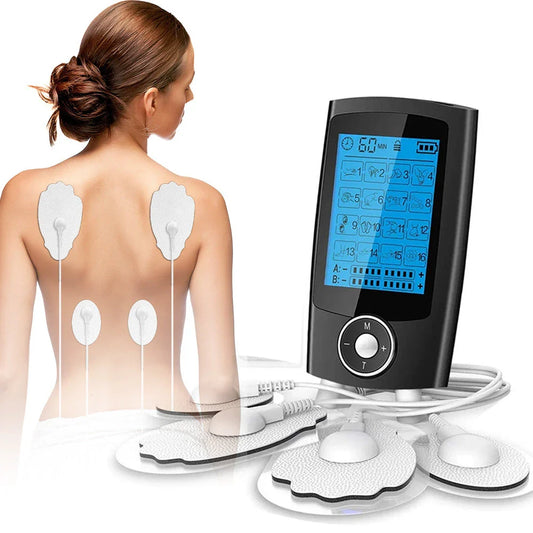 Digital physiotherapy TENS massager with 16 massage modes, adjustable intensity and timer, dual output channels, and compact design for pain relief and muscle relaxation