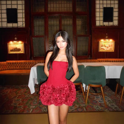 Adjustable tube top ball gown mini dress in various colours, featuring a ruffled skirt and premium cotton construction