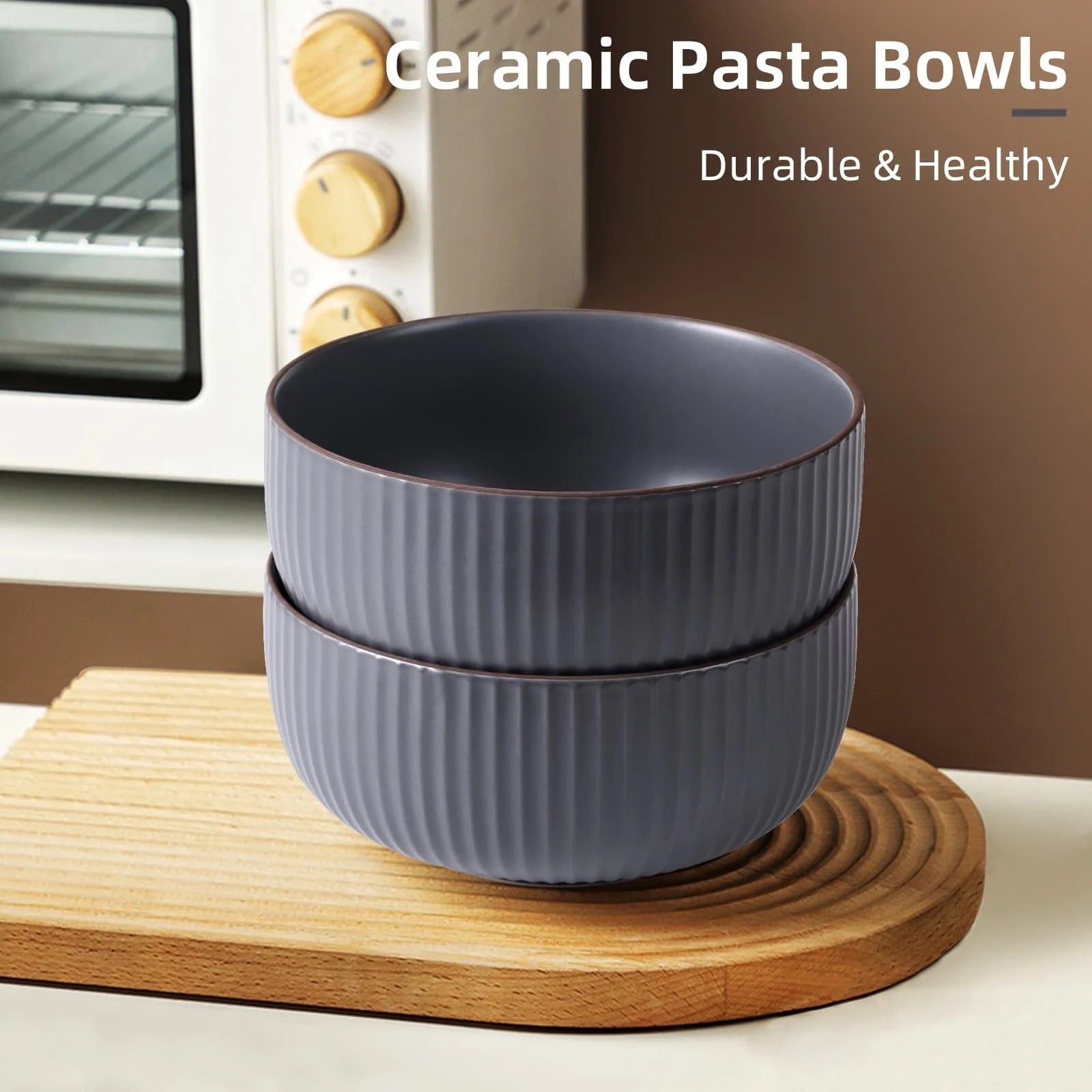 Set of 4 ceramic kitchen bowls, 46oz each, in grey and green, microwave and oven safe