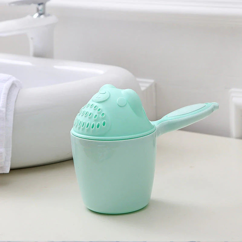 Shampoo rinse cup for baby bath time with comfortable handle and bright, colourful design