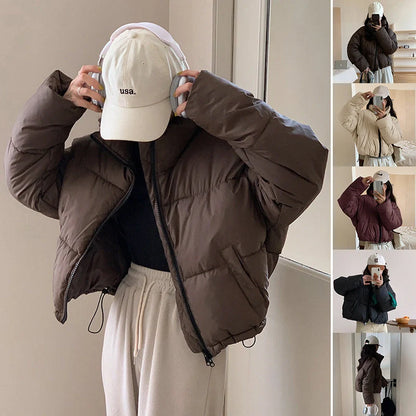 Stylish stand collar cropped parka for women in various colours