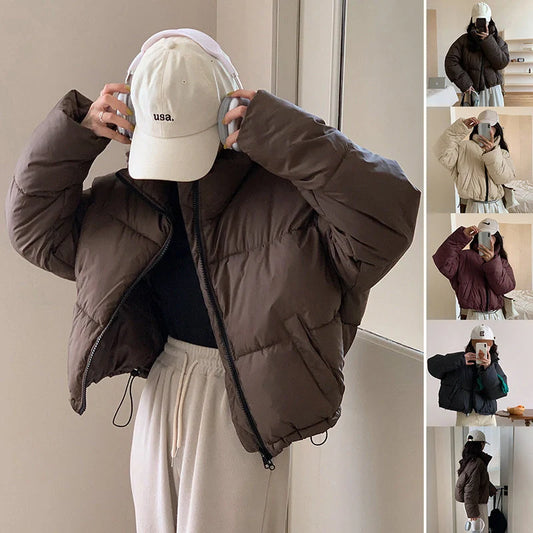 Stylish stand collar cropped parka for women in various colours