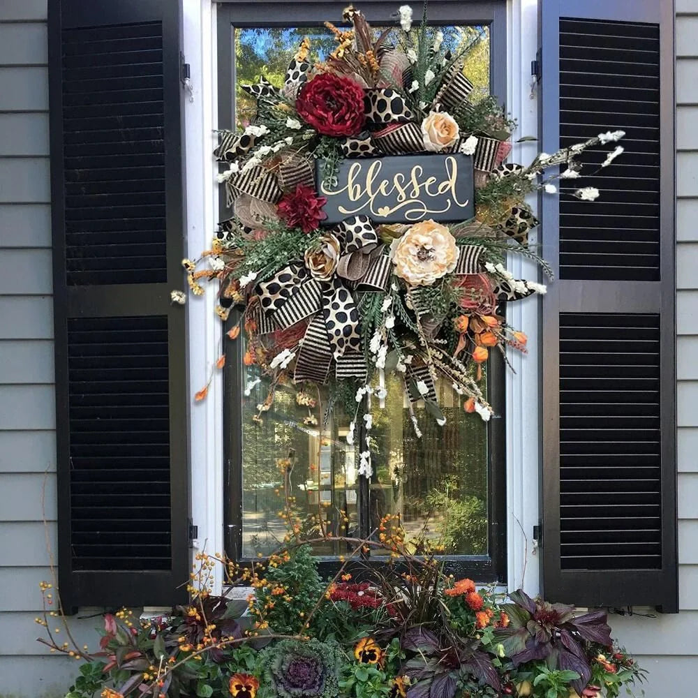 Cheetah print autumn wreath with gold and black bow for front door decoration