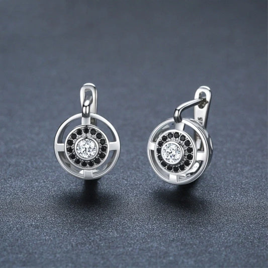 Black round zircon-studded copper earrings for women with secure fastening