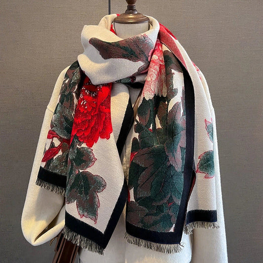 Retro Floral Imitation Cashmere Scarf for Women in Beige Red
