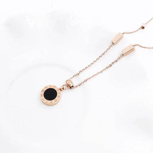Elegant 18K rose gold titanium steel necklace with double-sided Roman numeral design